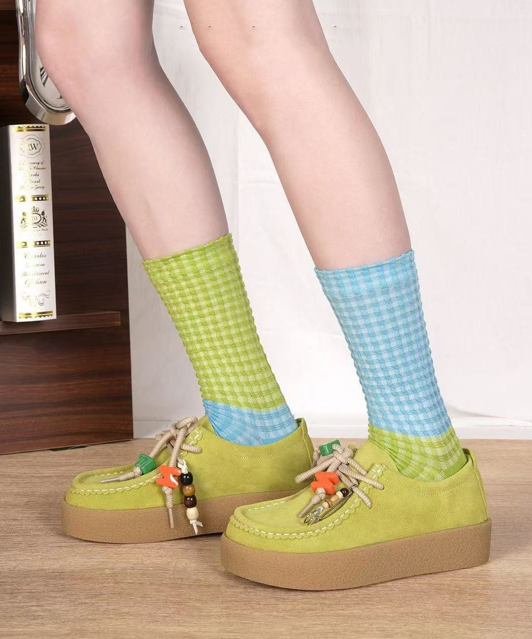 Casual Plaid Asymmetric Design Cotton Mid Calf Socks