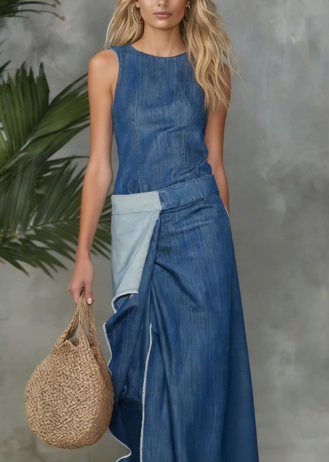 Casual Plain Spliced Sleeveless Maxi Denim Dress