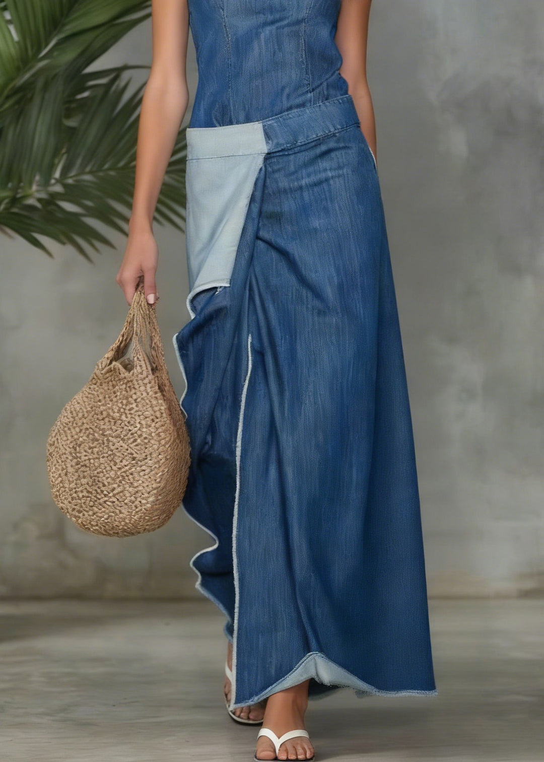 Casual Plain Spliced Sleeveless Maxi Denim Dress