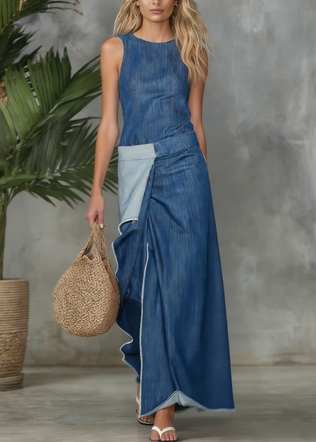 Casual Plain Spliced Sleeveless Maxi Denim Dress