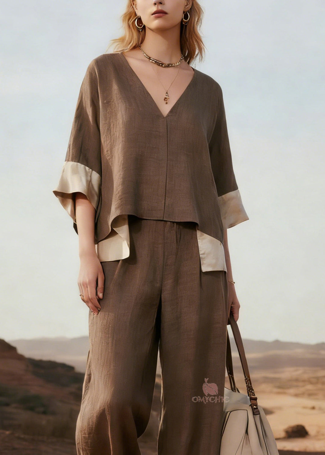Casual Plus Size V Neck Patchwork Linen Two Pieces Set Summer