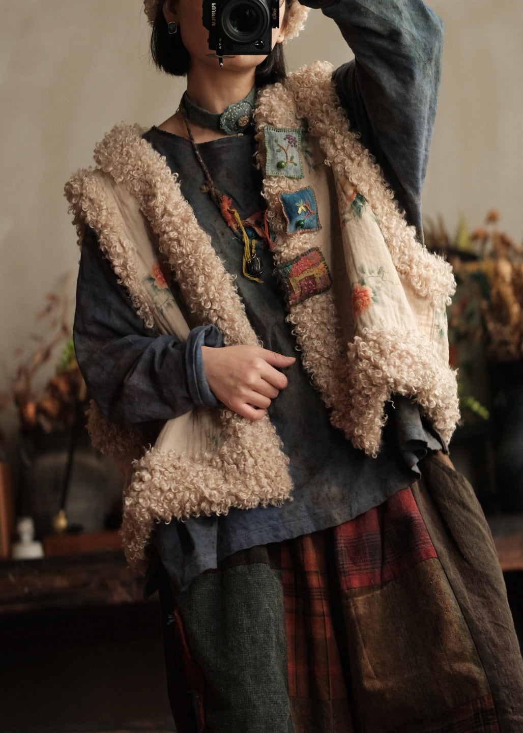 Casual Print Faux Fur Patchwork Fine Cotton Filled Vest Sleeveless
