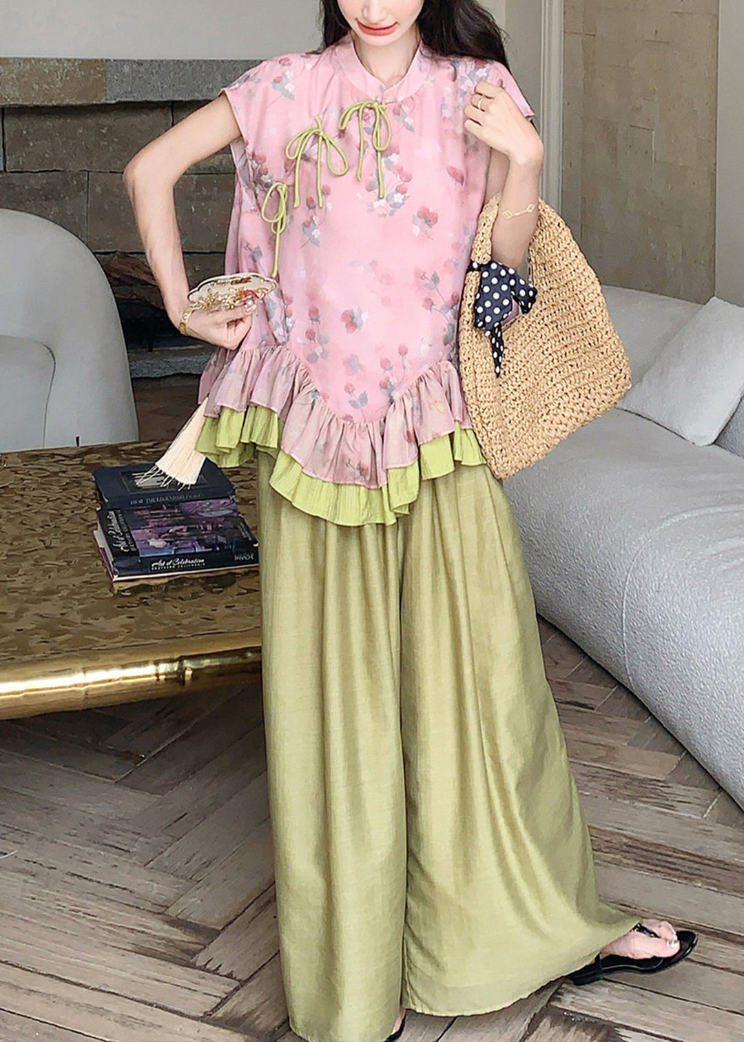 Casual Print Ruffled Patchwork Top And Wide Leg Pants Two-Piece Set Summer