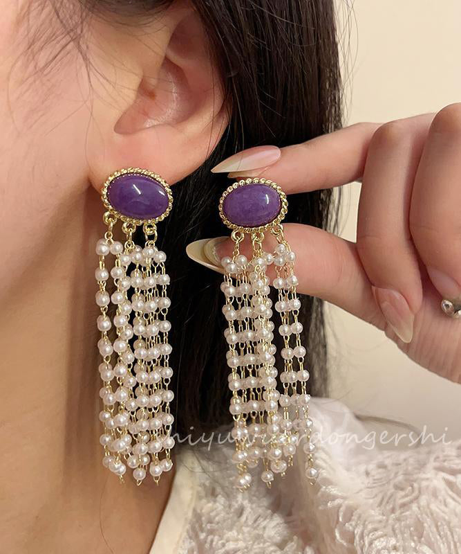 Casual Purple Alloy Pearl Resin Tassel Drop Earrings