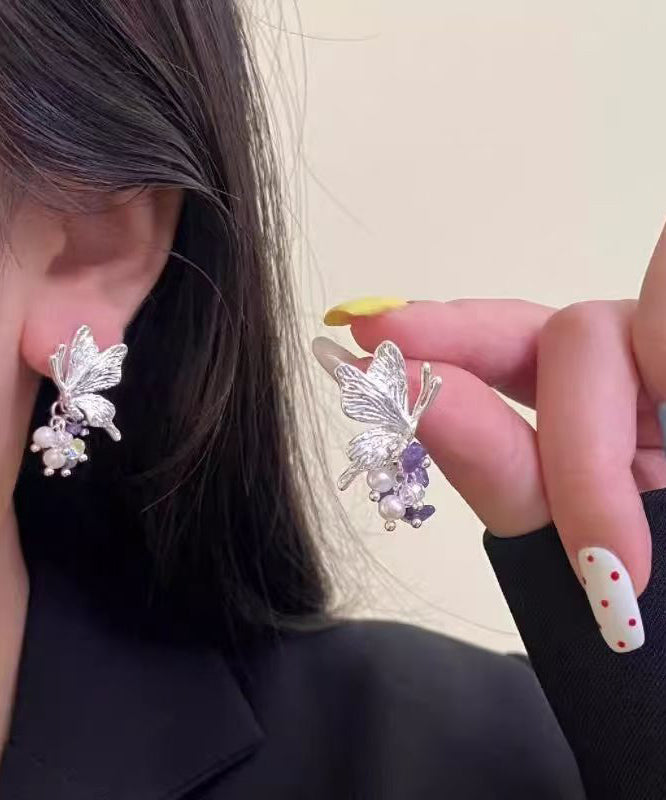 Casual Purple Copper Alloy Zircon Butterfly Pearl Stud Earrings