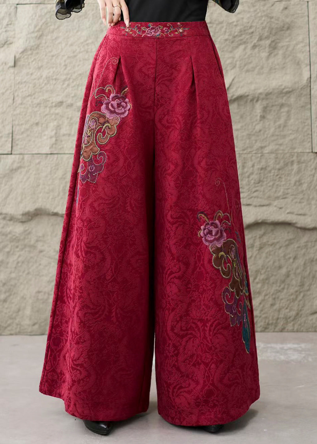 Casual Purple Embroidered Pockets Cotton Pants Trousers Fall