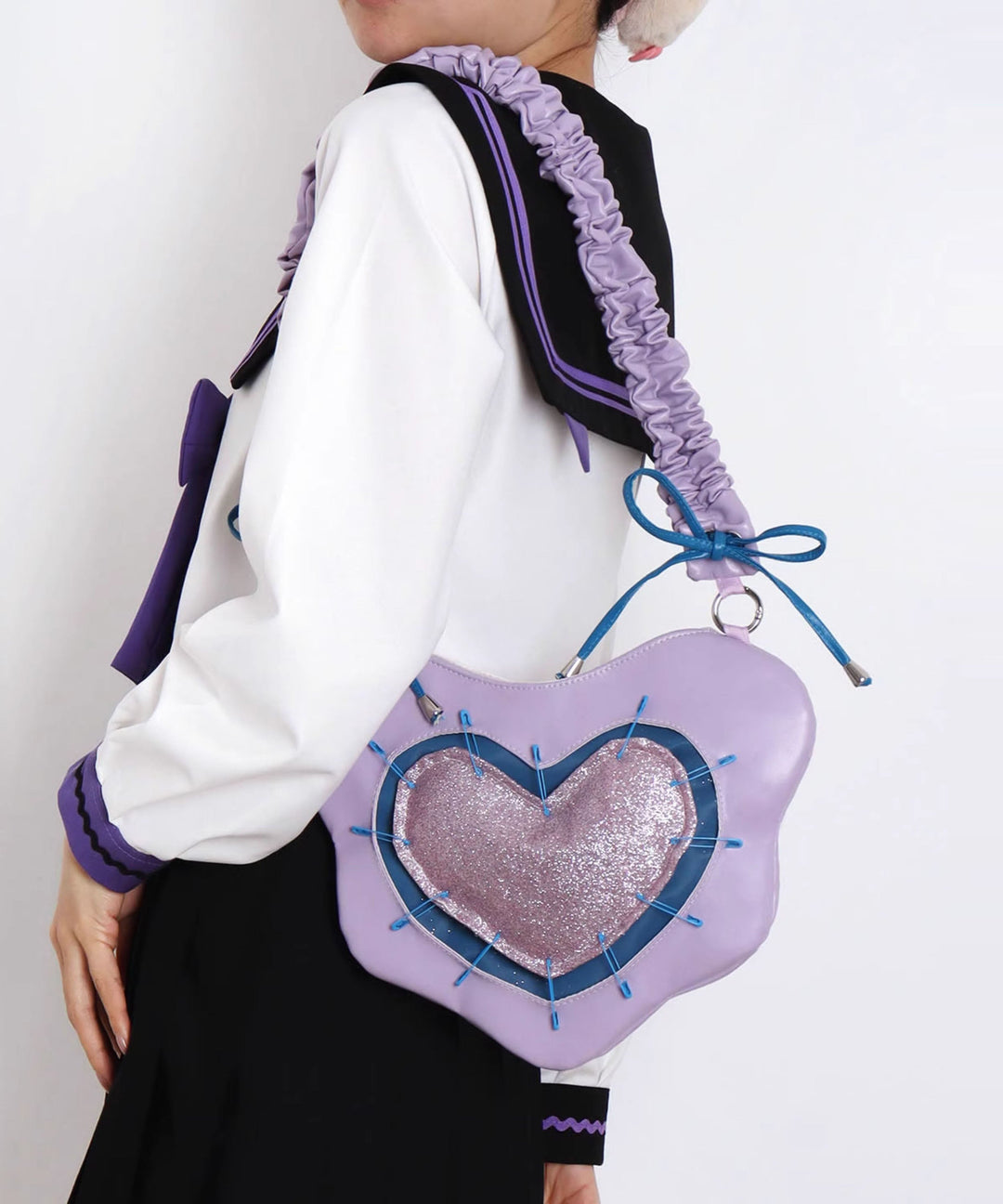 Casual Purple Love Shaped Patchwork Bow Faux Leather Cross-body Handbag