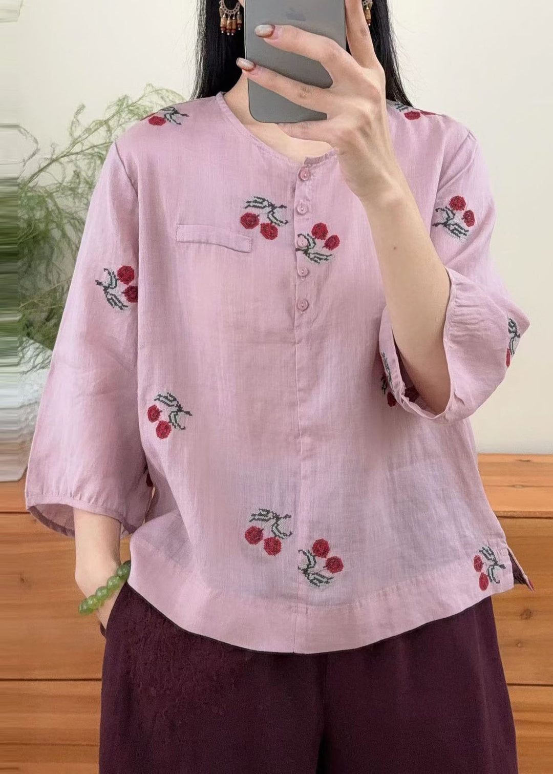 Casual Purple O Neck Embroidered Linen Shirts Summer