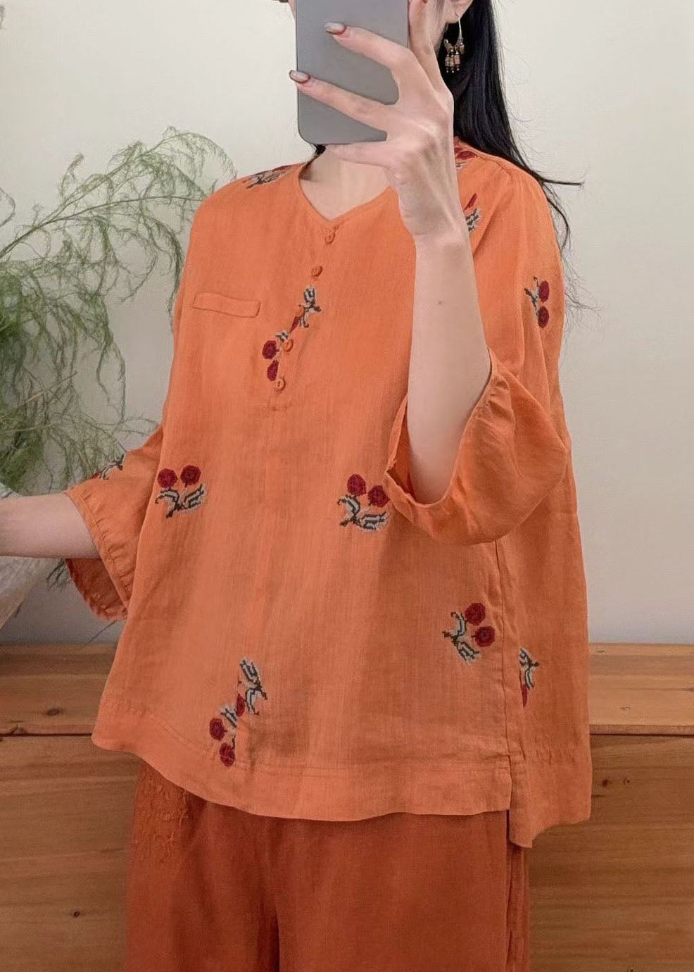 Casual Purple O Neck Embroidered Linen Shirts Summer
