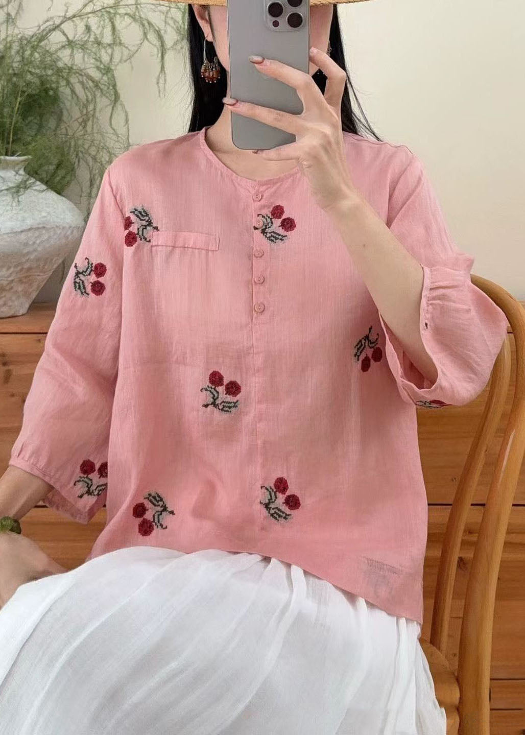 Casual Purple O Neck Embroidered Linen Shirts Summer