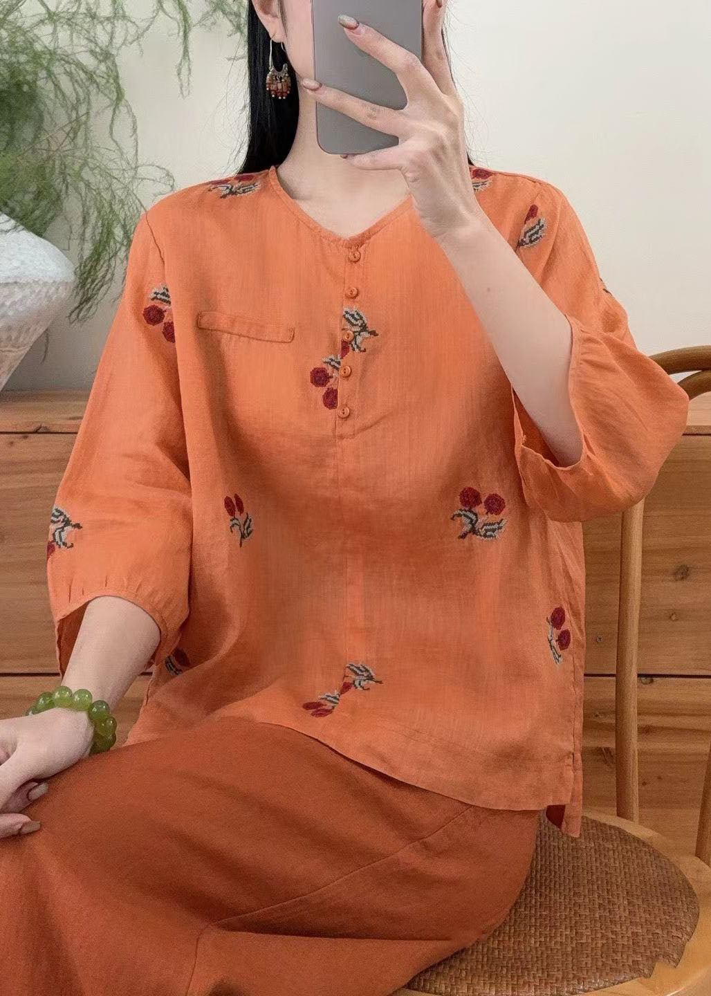 Casual Purple O Neck Embroidered Linen Shirts Summer