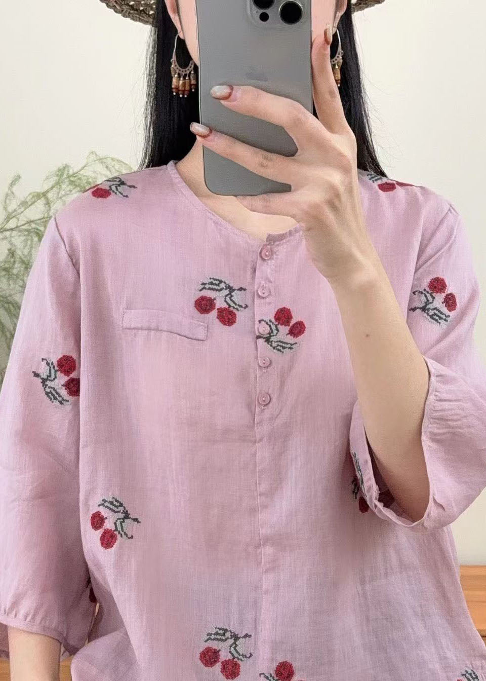 Casual Purple O Neck Embroidered Linen Shirts Summer
