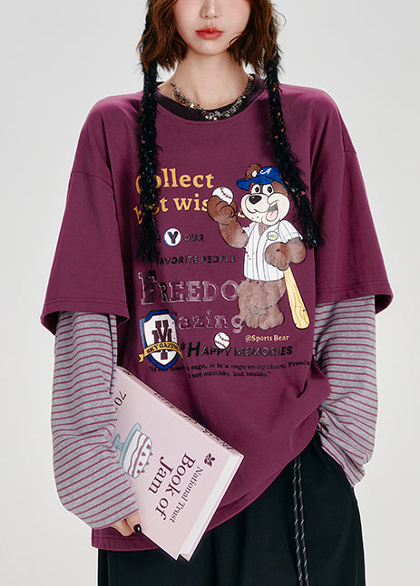 Casual Purple Oversized Patchwork Cotton Fake Two Piece Pullover Tops Spring