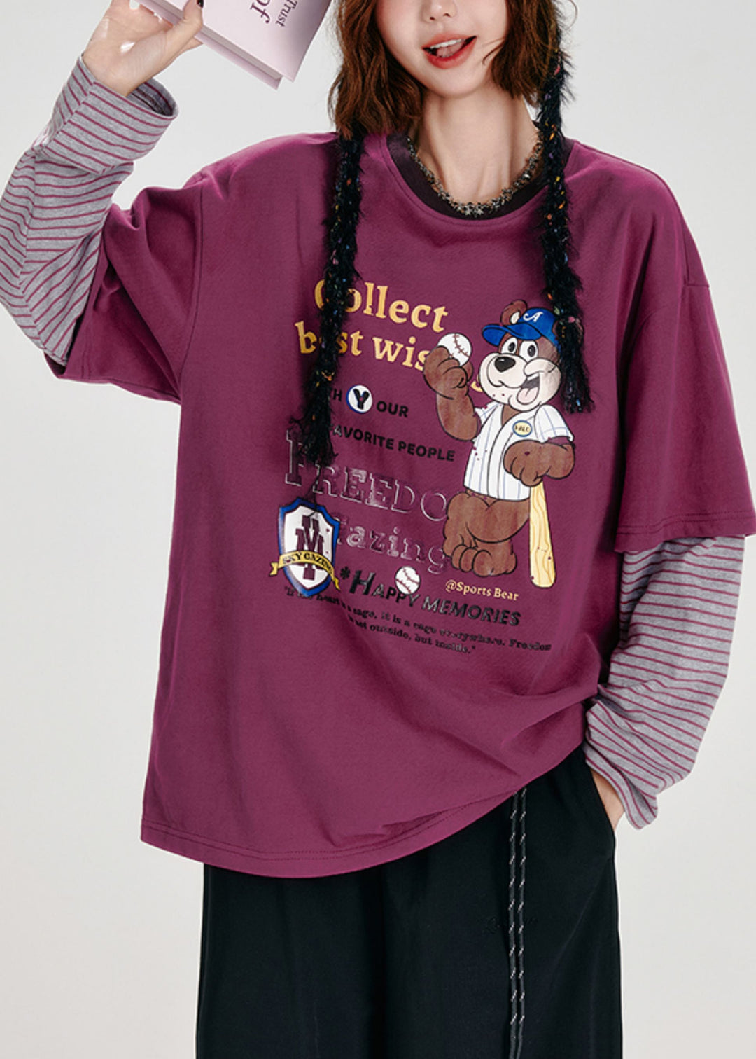 Casual Purple Oversized Patchwork Cotton Fake Two Piece Pullover Tops Spring