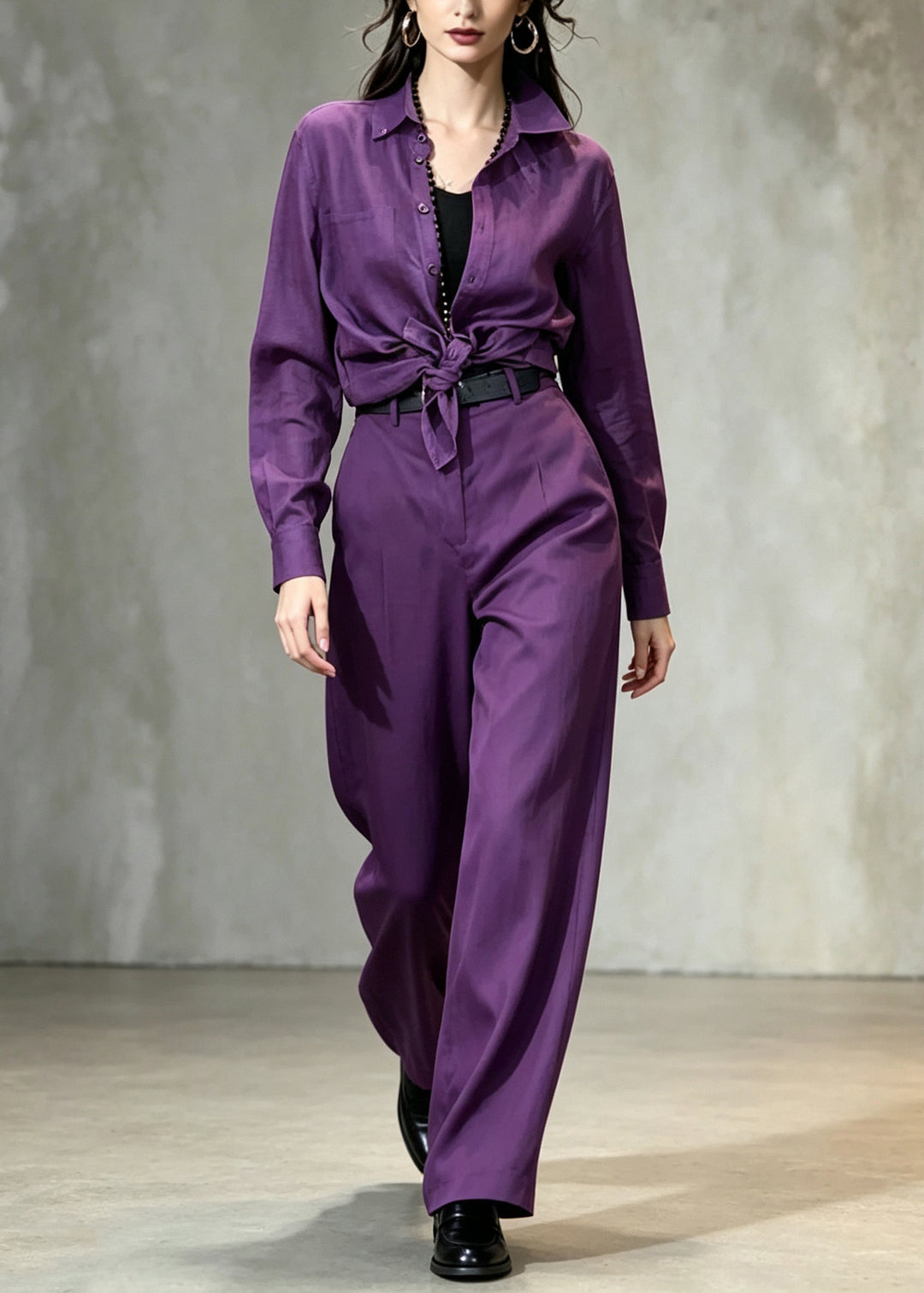 Casual Purple Peter Pan Collar Linen Two Pieces Set Fall