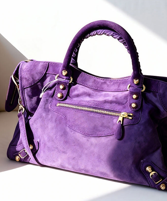 Casual Purple Rivet Solid Durable Fine Suede Tote Handbag