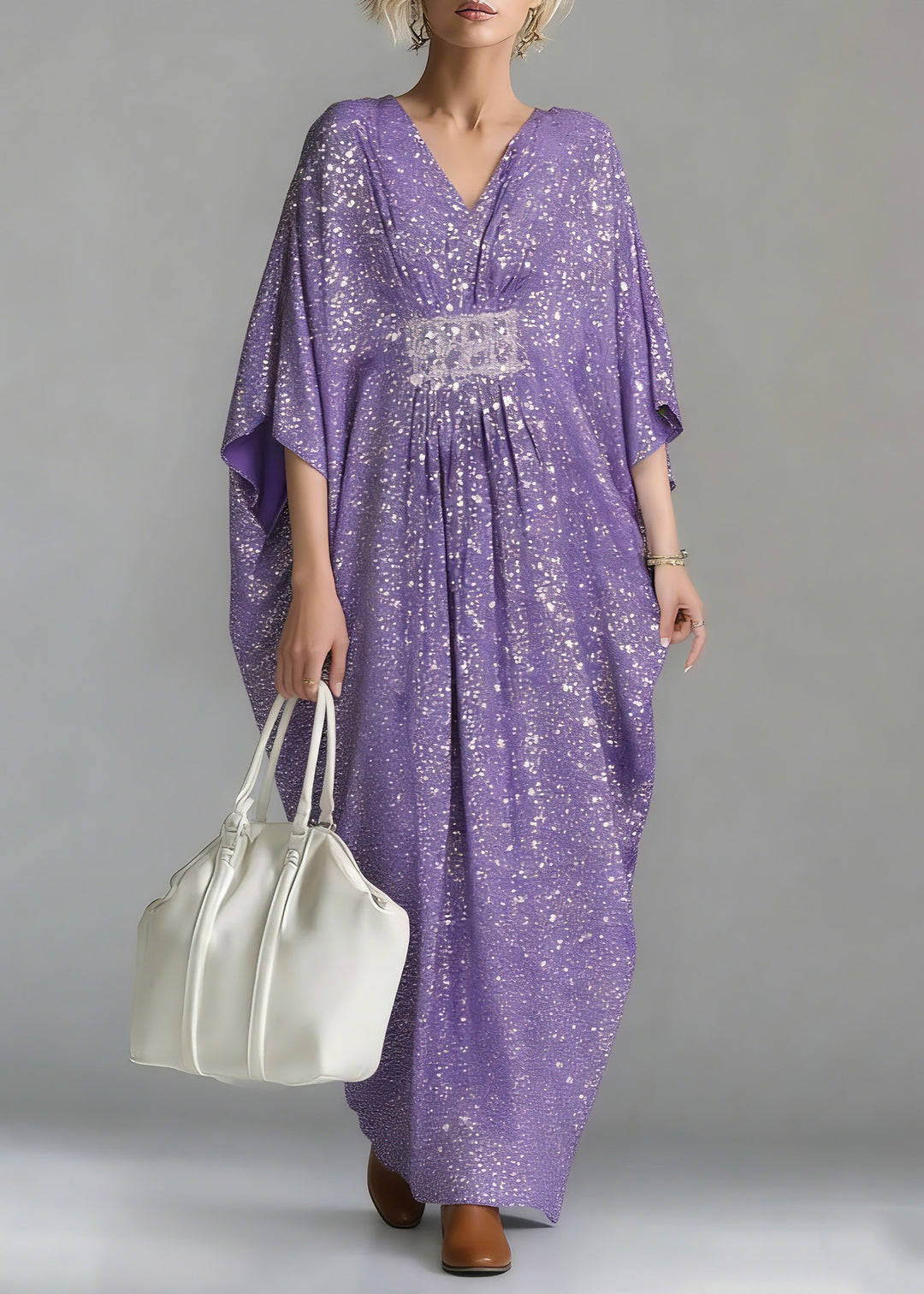 Casual Purple Sequins Tunic Holiday Long Dress Batwing Sleeve