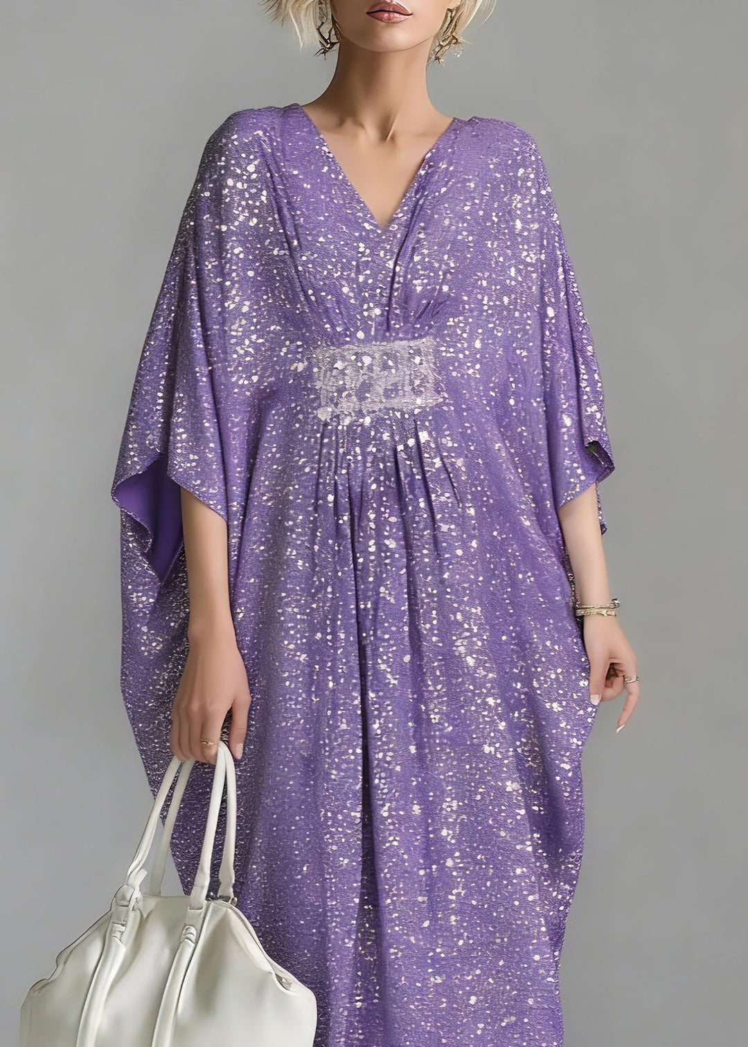 Casual Purple Sequins Tunic Holiday Long Dress Batwing Sleeve