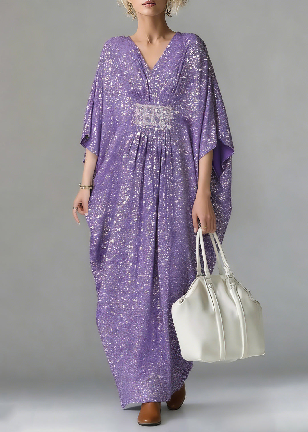 Casual Purple Sequins Tunic Holiday Long Dress Batwing Sleeve