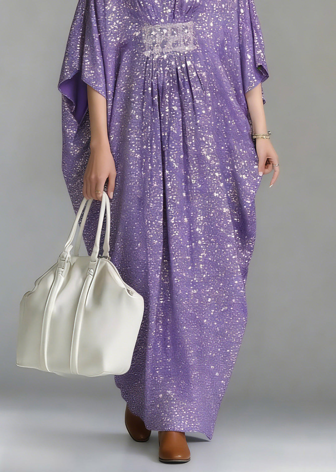 Casual Purple Sequins Tunic Holiday Long Dress Batwing Sleeve