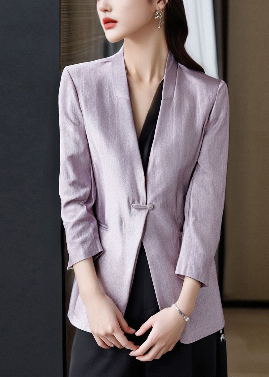 Casual Purple V Neck Button Pockets Cotton Coats Bracelet Sleeve