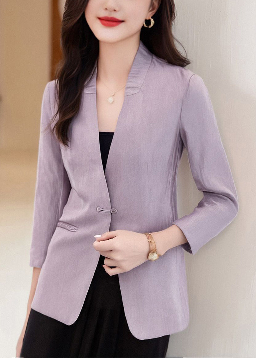 Casual Purple V Neck Button Pockets Cotton Coats Bracelet Sleeve