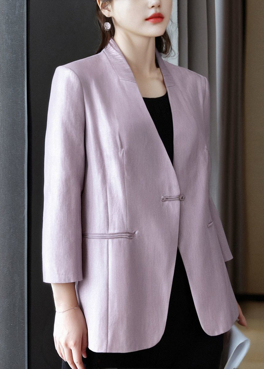 Casual Purple V Neck Button Pockets Cotton Coats Bracelet Sleeve