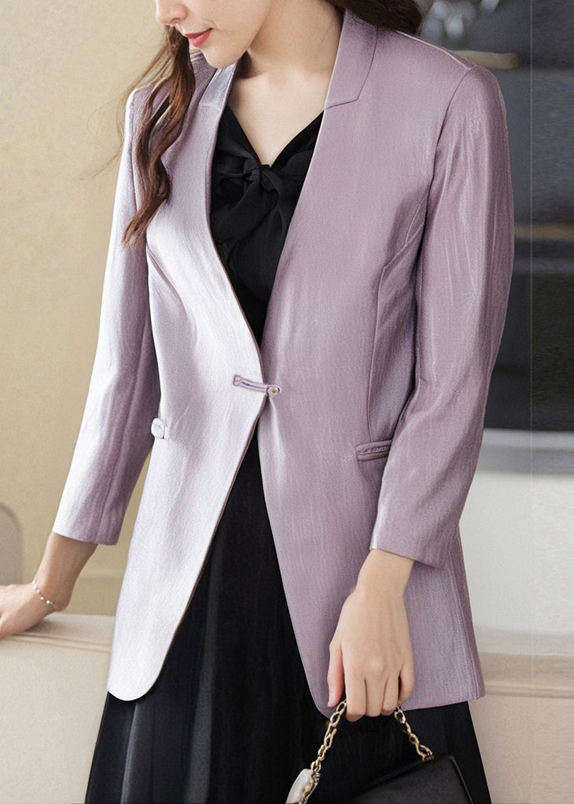 Casual Purple V Neck Button Pockets Cotton Coats Bracelet Sleeve