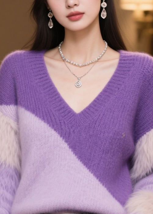 Casual Purple V Neck Patchwork Faux Fur Short Sweater Winter
