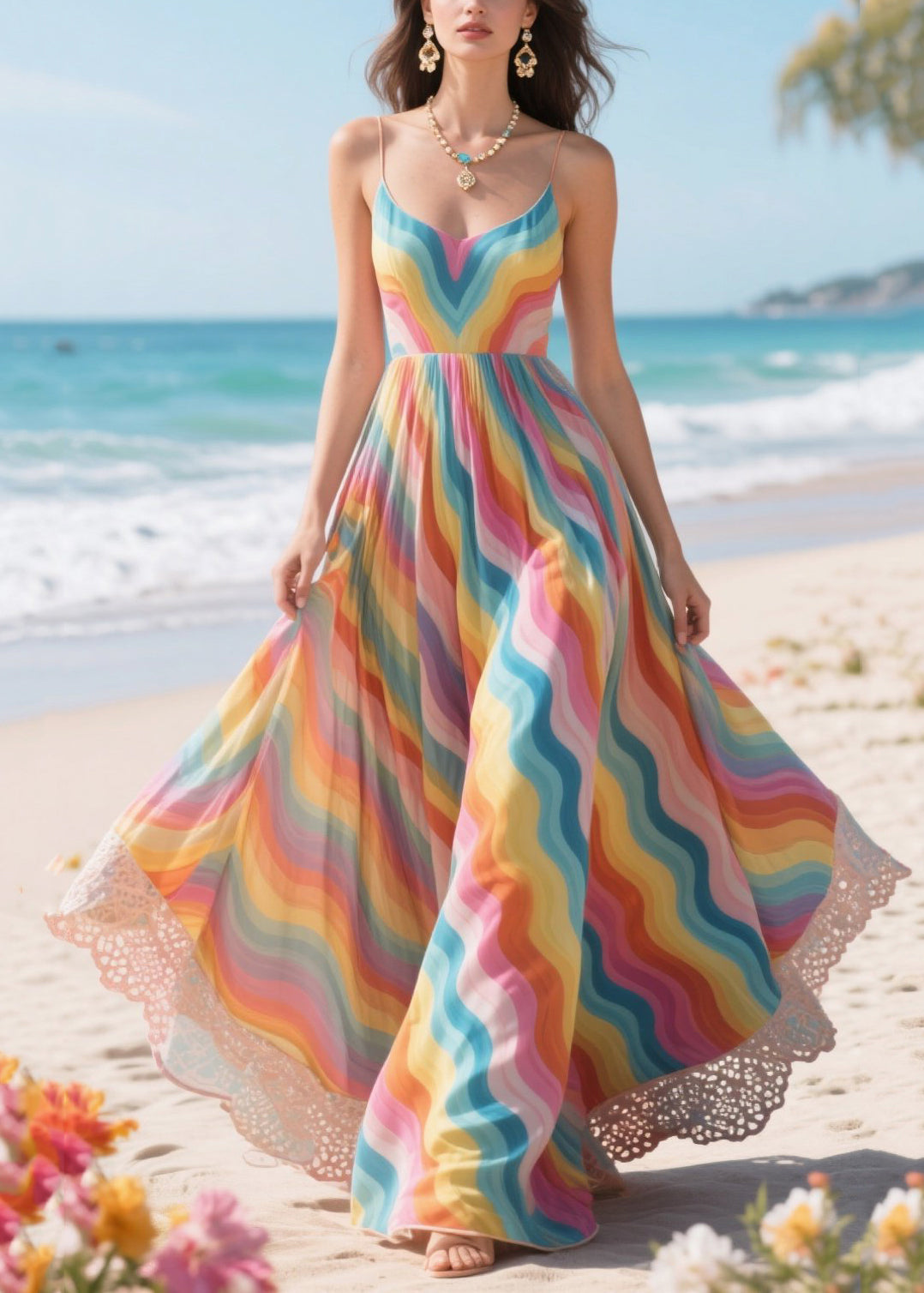 Casual Rainbow Patchwork Exra Large Hem Chiffon Vacation Dress Summer