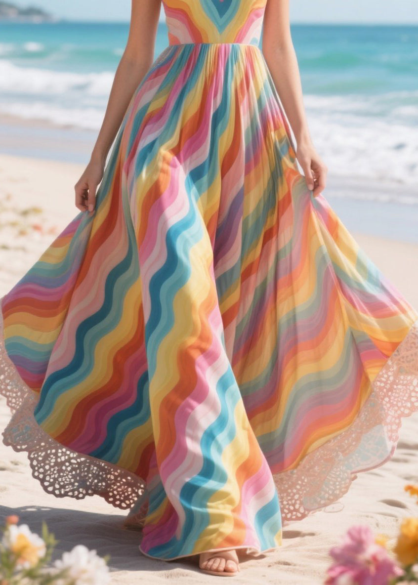 Casual Rainbow Patchwork Exra Large Hem Chiffon Vacation Dress Summer