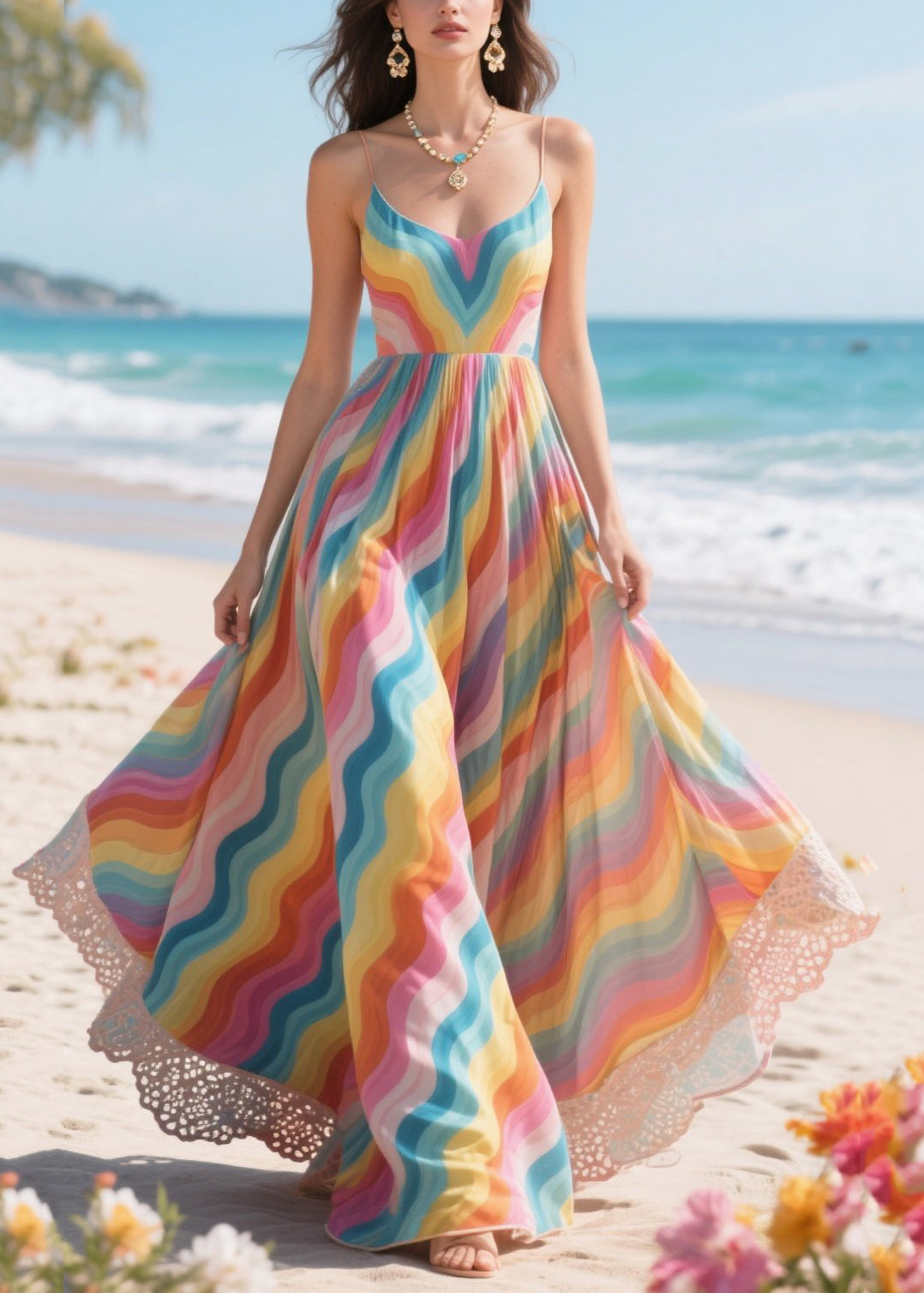 Casual Rainbow Patchwork Exra Large Hem Chiffon Vacation Dress Summer