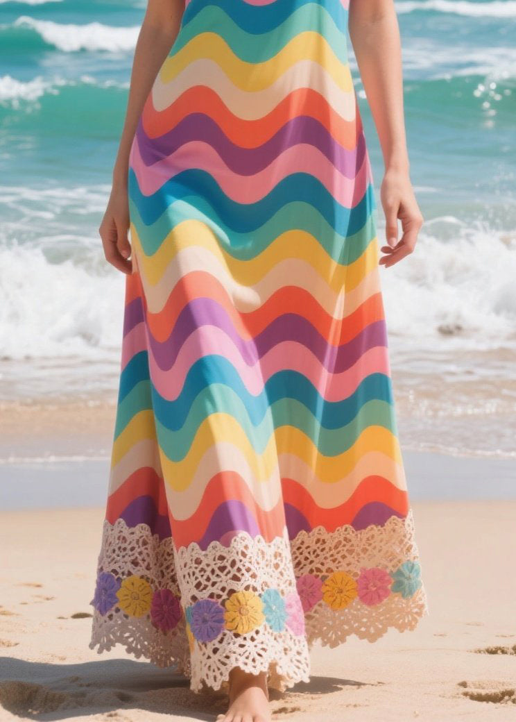 Casual Rainbow Striped Patchwork Lace Chiffon Cami Dresses Summer