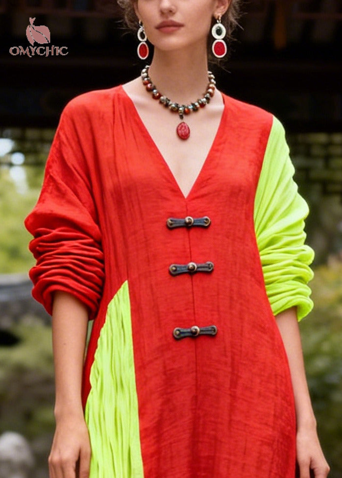 Casual Red Asymmetrical Patchwork Chinese Button Cotton Vacation Dresses Fall