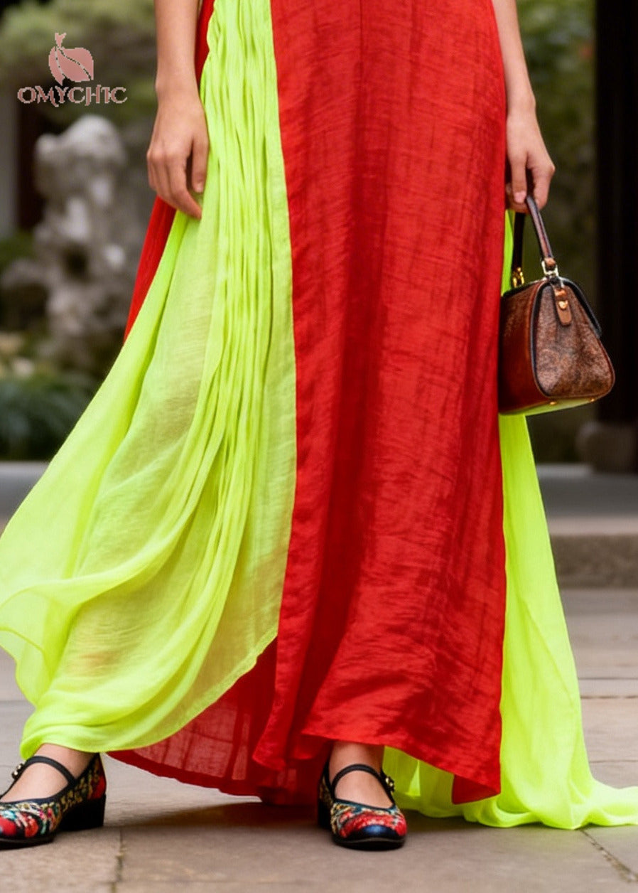 Casual Red Asymmetrical Patchwork Chinese Button Cotton Vacation Dresses Fall