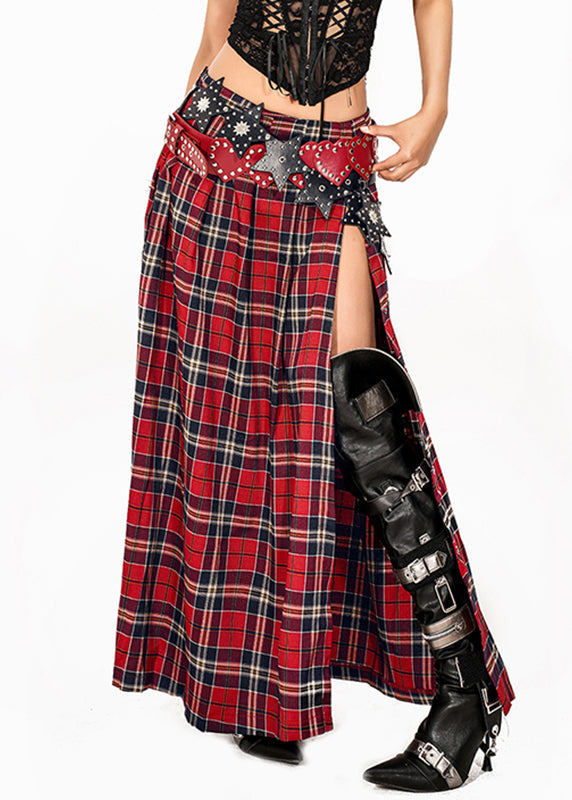 Casual Red Asymmetrical Red Plaid Side Open A Line Skirt Summer