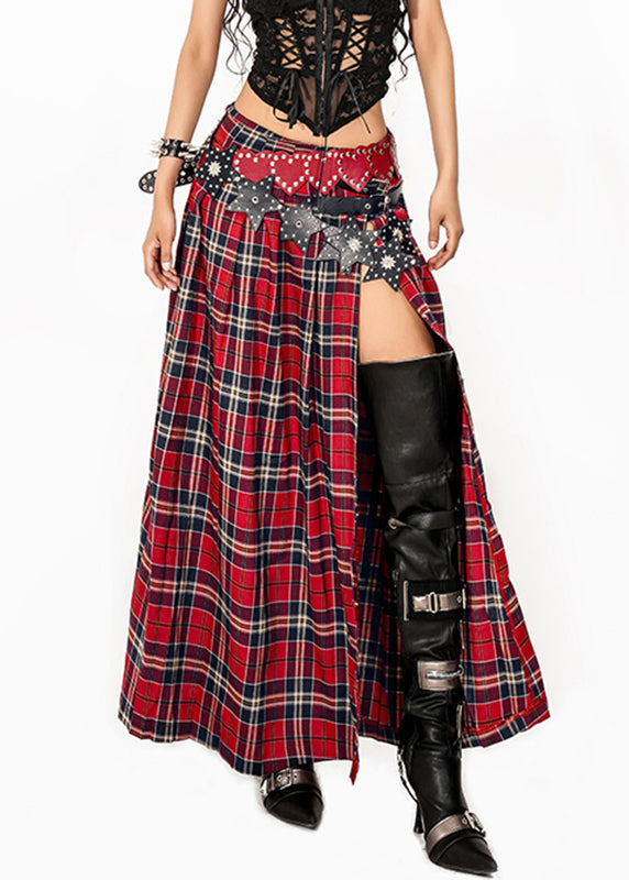 Casual Red Asymmetrical Red Plaid Side Open A Line Skirt Summer