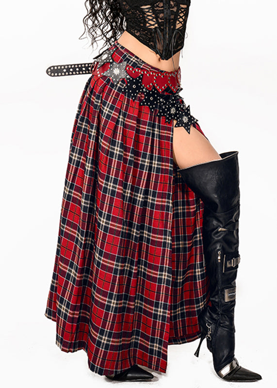 Casual Red Asymmetrical Red Plaid Side Open A Line Skirt Summer