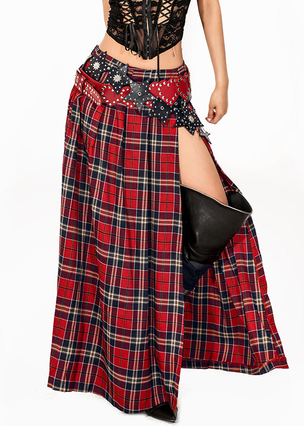 Casual Red Asymmetrical Red Plaid Side Open A Line Skirt Summer