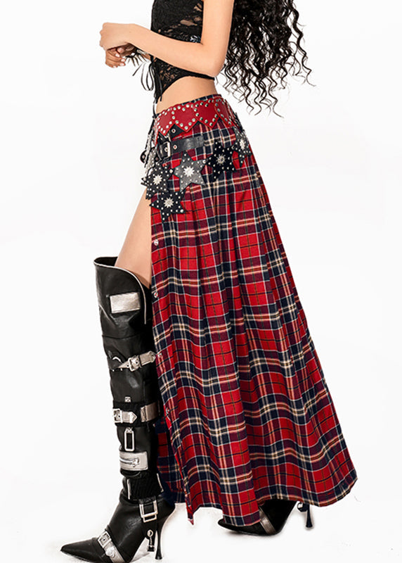 Casual Red Asymmetrical Red Plaid Side Open A Line Skirt Summer