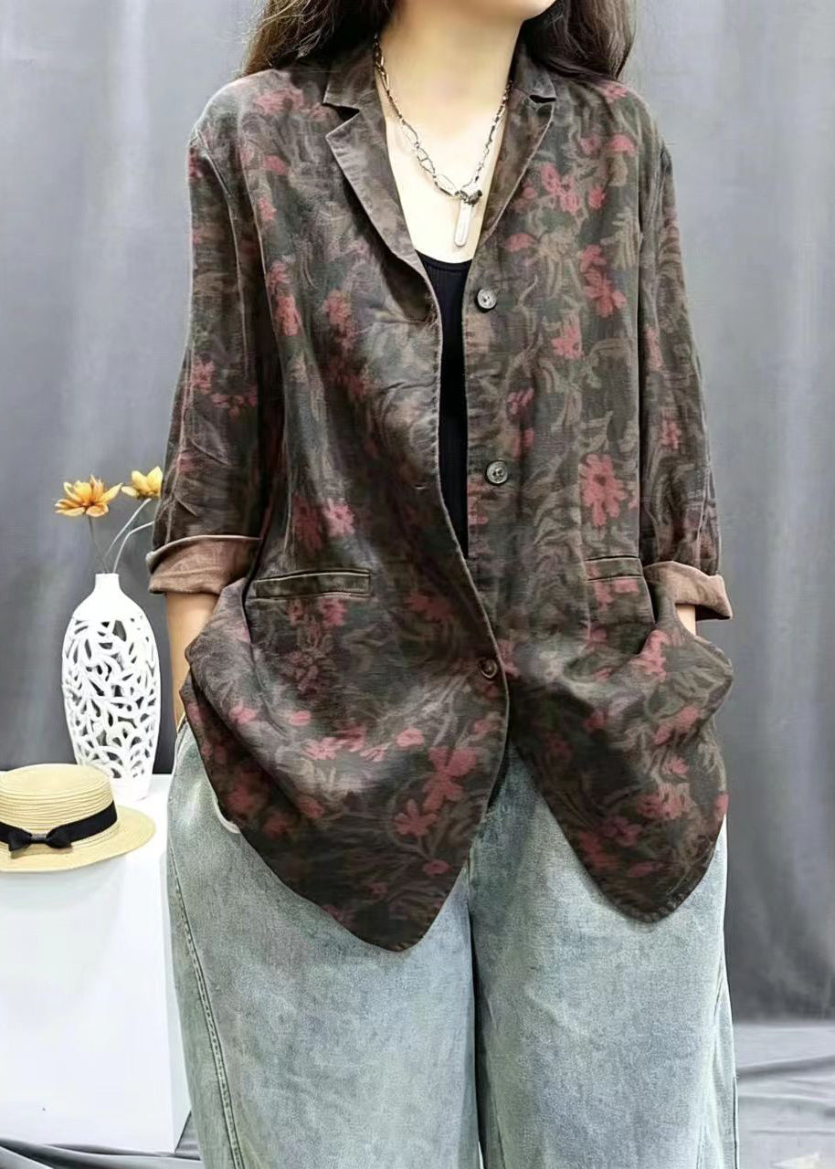 Casual Red Brown Notched Pockets Print Jacket Fall