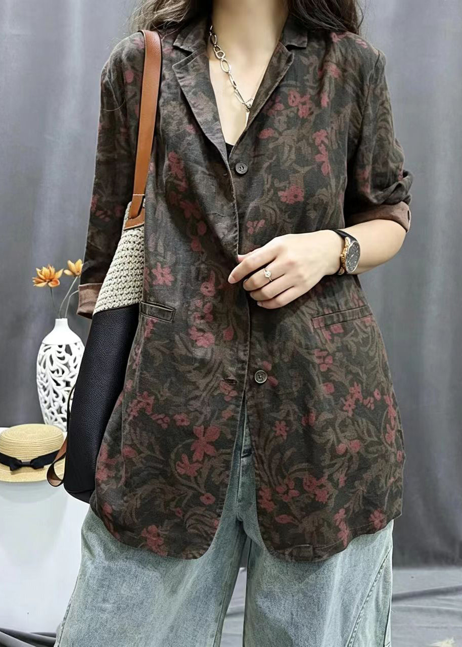 Casual Red Brown Notched Pockets Print Jacket Fall