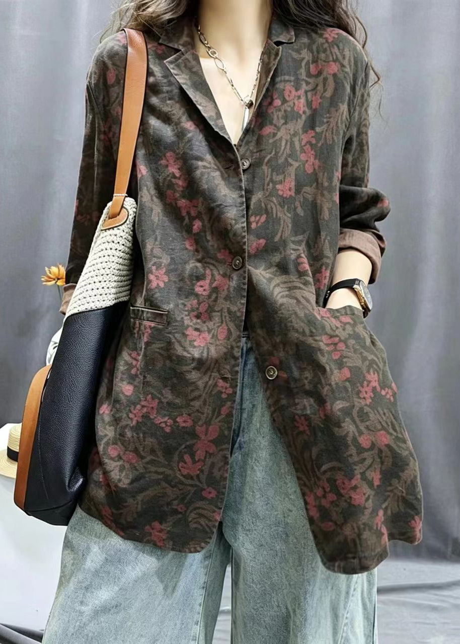 Casual Red Brown Notched Pockets Print Jacket Fall