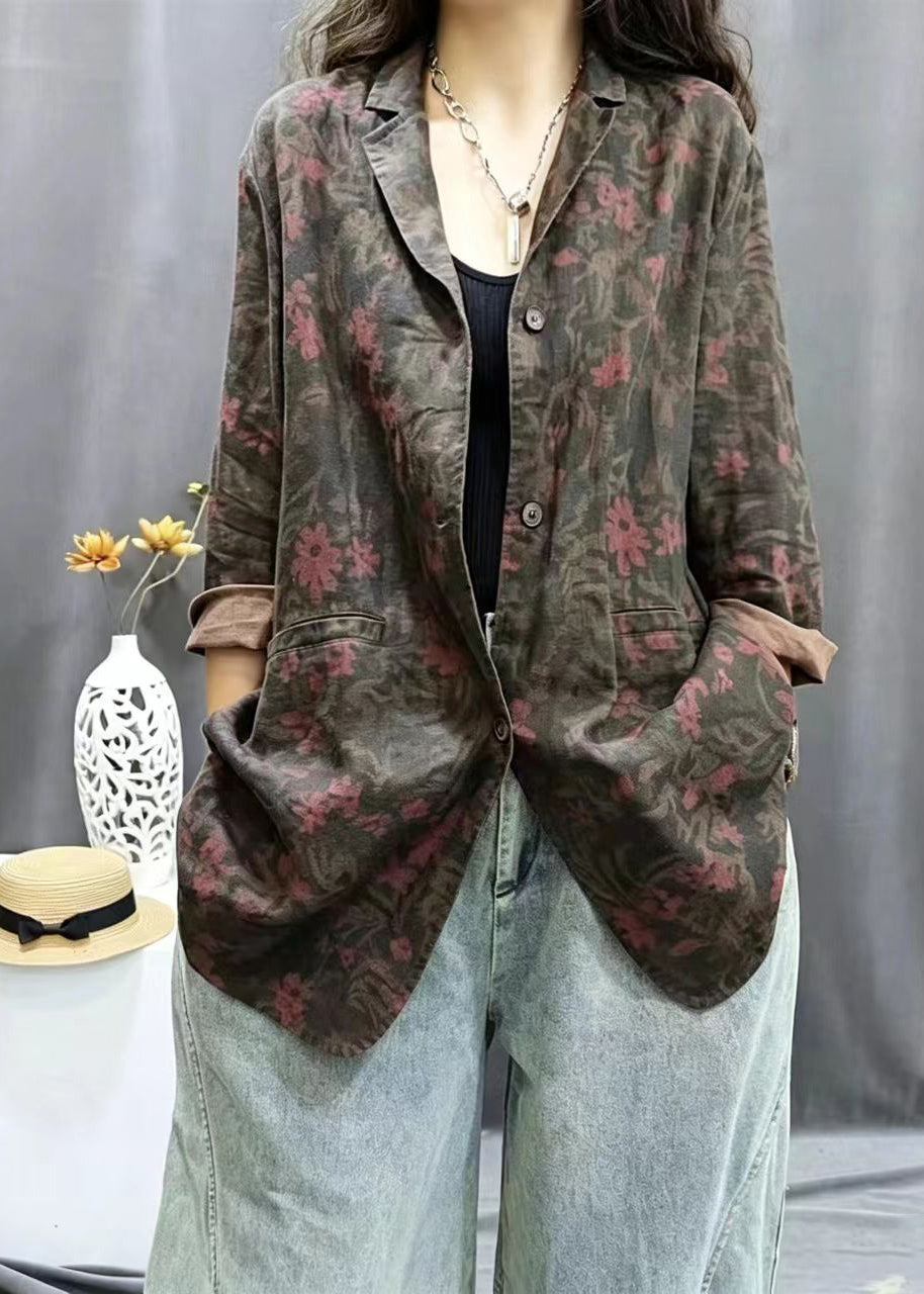 Casual Red Brown Notched Pockets Print Jacket Fall