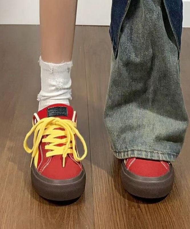 Casual Red Canvas Flat Feet Shoes Splicing Lace Up
