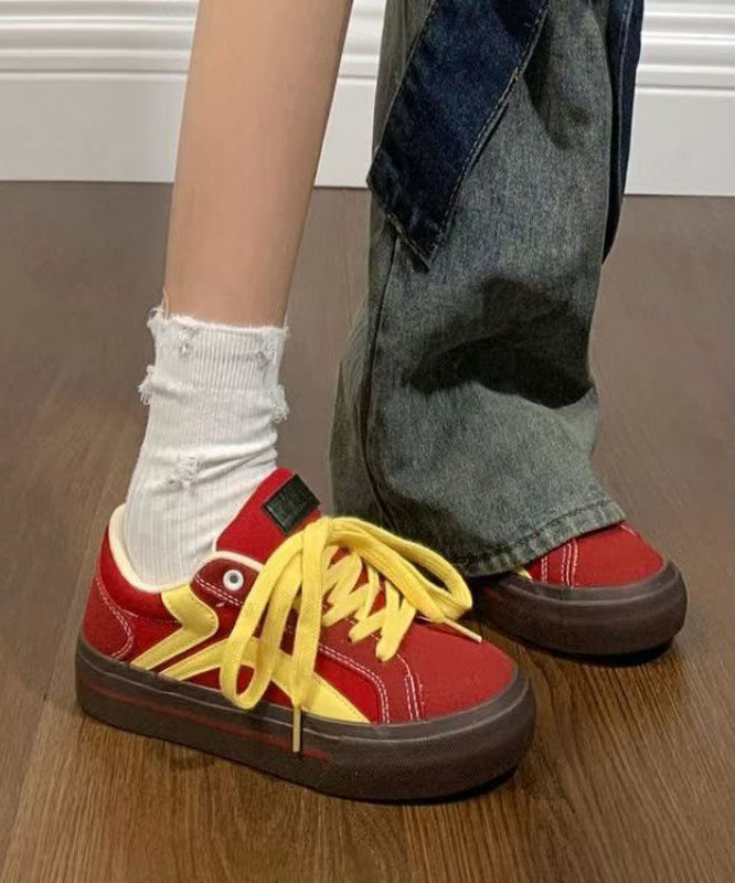 Casual Red Canvas Flat Feet Shoes Splicing Lace Up