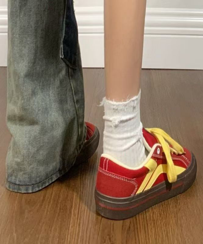 Casual Red Canvas Flat Feet Shoes Splicing Lace Up