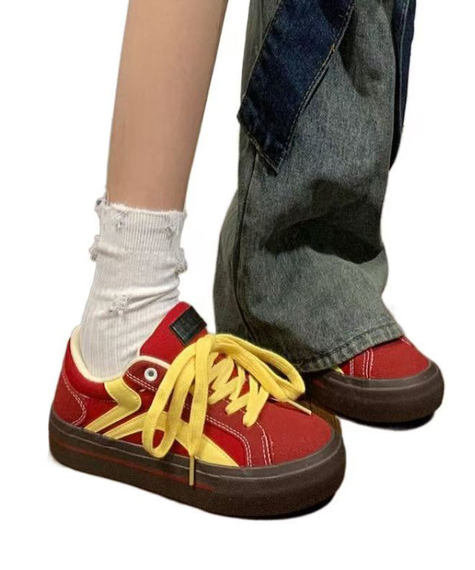 Casual Red Canvas Flat Feet Shoes Splicing Lace Up