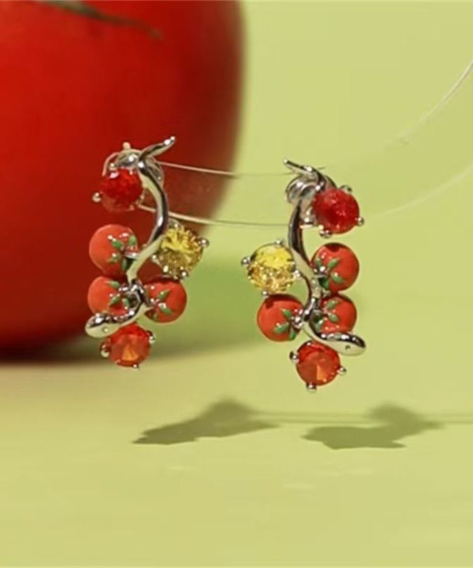 Casual Red Copper Overgild Zircon Dripping Glaze Tomato Stud Earrings