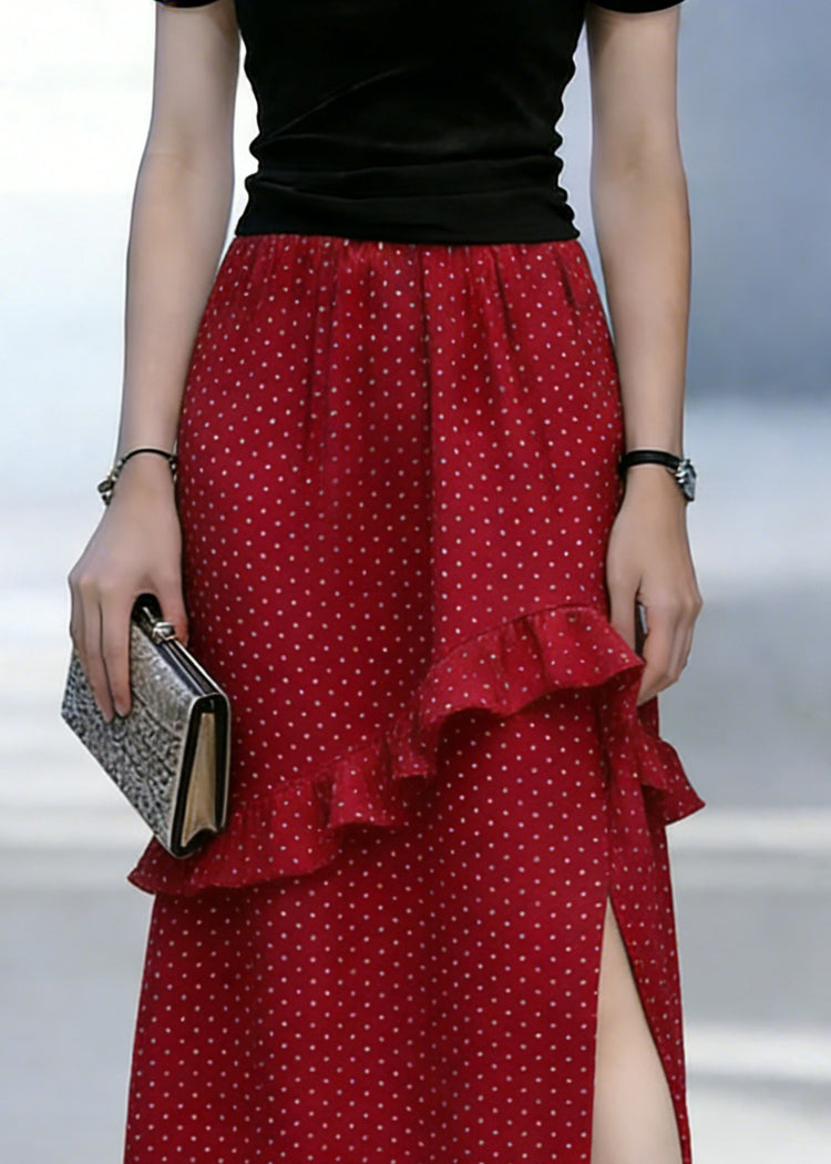 Casual Red Dot Print Ruffled Side Open Chiffon Skirt - Omychic